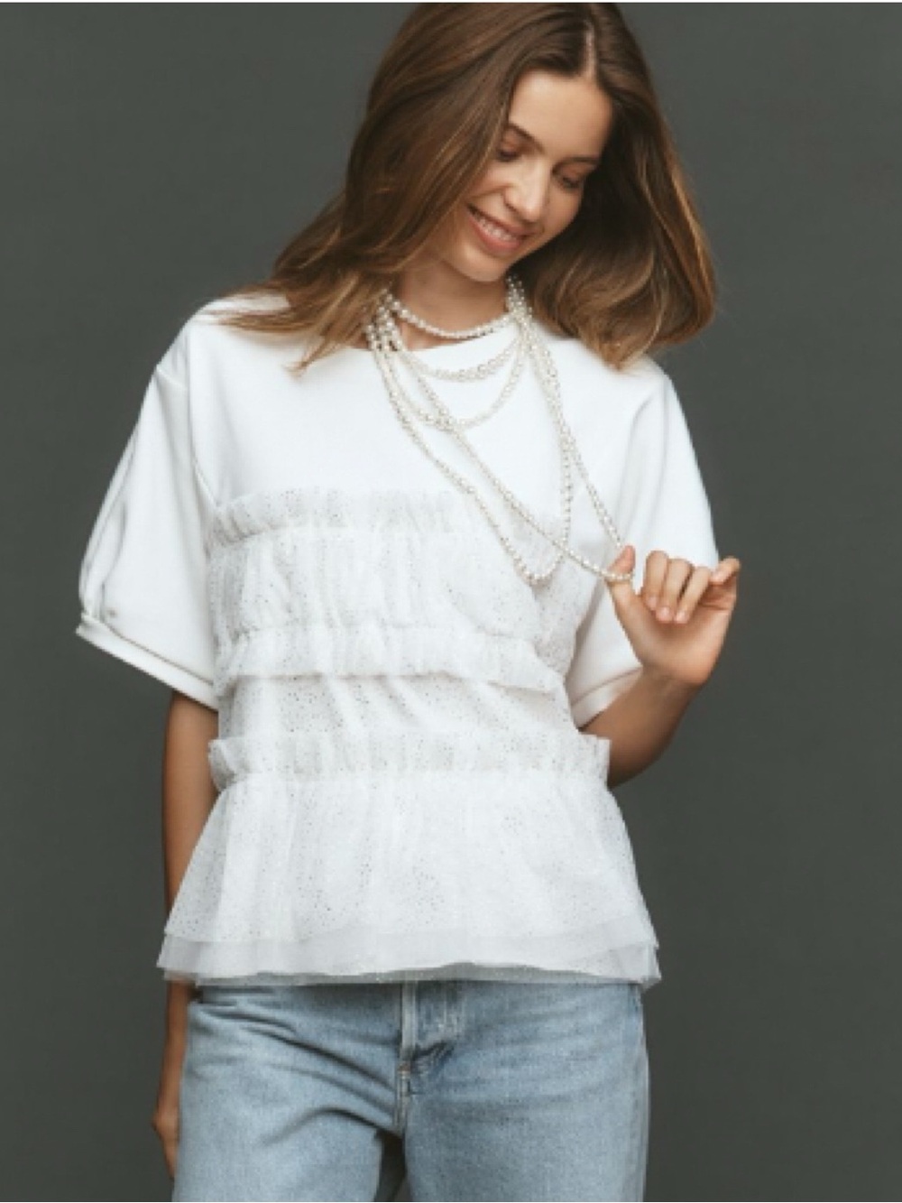 NWT Anthro Maeve Short-Sleeve Oversized Sparkly Ruffled Top Shirt WHITE, S